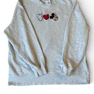 Disney Embroidered Crewneck Sweatshirt Peace Love and Mickey, Gray, Adult Small
